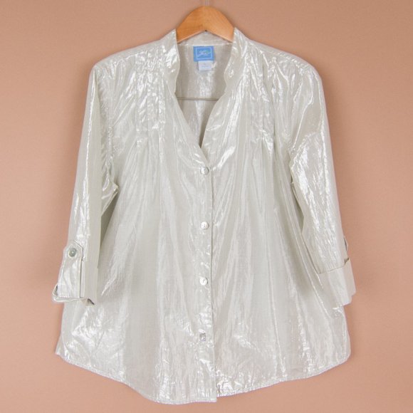 Lark Lane Tops - Lark Lane Dazzle Off White/ Silver Shimmer Button Up Long Sleeve BeautifulBlouse